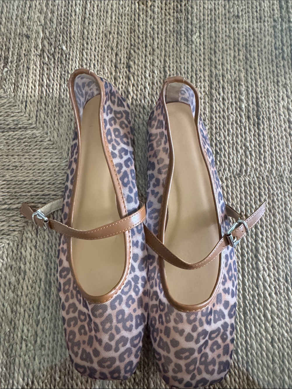 Leopard Print Mary Jane Flats with Tan Trim